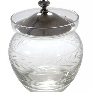 1950s Mid Century Etched Decorated Crystal & Sterling Silver Jam Jar
